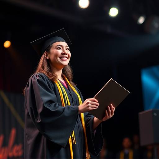 A beaming Elevate Academy graduate receiving an award on stage during a ceremony.