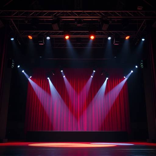 A brightly lit stage with actors performing a dramatic scene