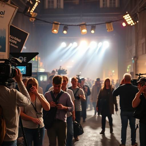 A bustling film set with crew members operating cameras and directing actors amidst bright lights.