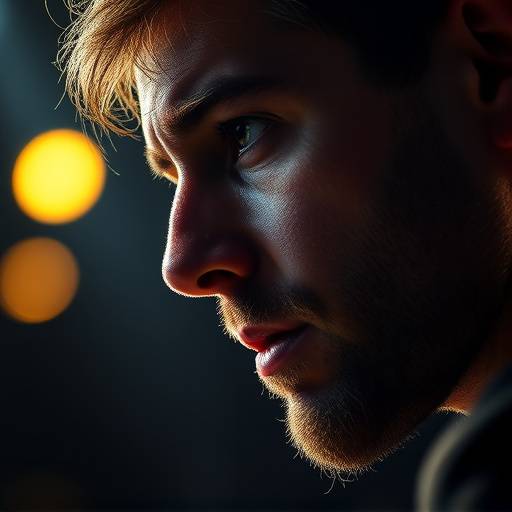 A close-up shot of an actor intensely focused on stage during a performance.