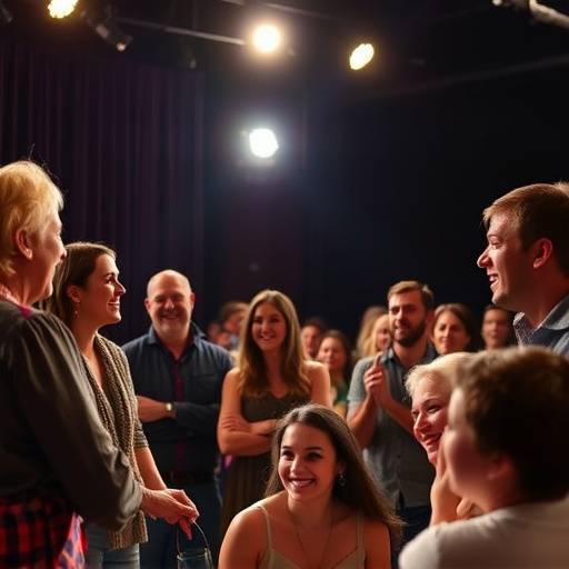 A group of improvisational actors performing a scene to audience laughter