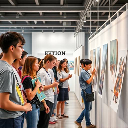 A group of students showcasing their graphic designs at the Design Exhibition