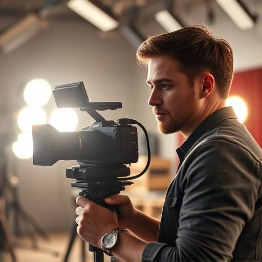 An actor performing in front of a film camera on a set