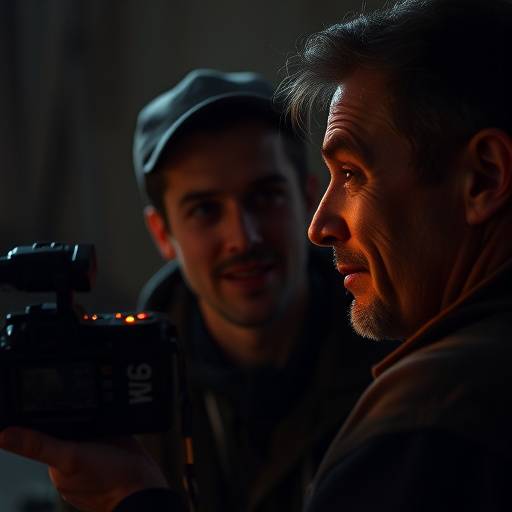 An actor practicing emotional recall exercises, visibly moved and reflective in a dimly lit room.