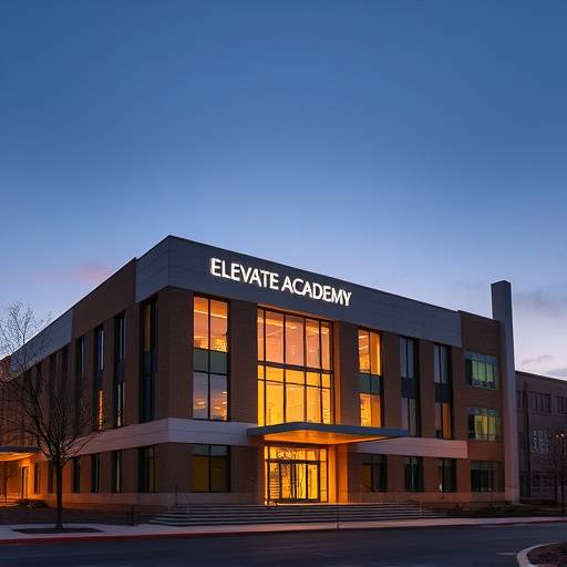Exterior view of the Elevate Academy building at dusk